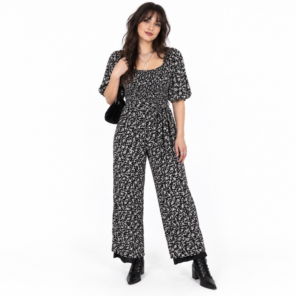 Polygram Black Floral Jumpsuit Women Large Whimsy Goth Dark Boho